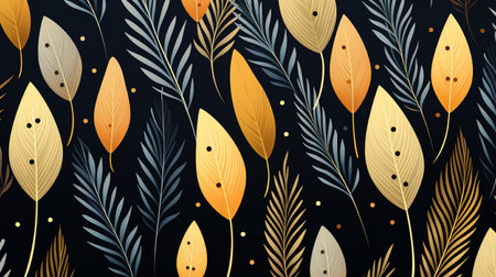 Seamless pattern with golden leaves on dark background. Vector illustration.の素材