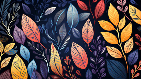 Floral seamless pattern with colorful leaves on dark background. Vector illustration.の素材