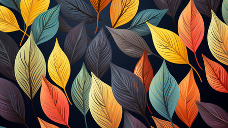 Seamless pattern with colorful leaves on dark background. Vector illustration.の素材