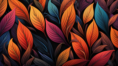 Seamless pattern with colorful leaves on black background. Vector illustration.の素材