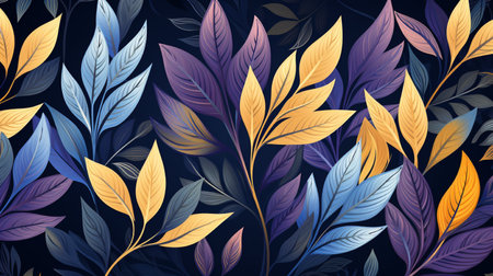 Seamless pattern with colorful leaves on dark background. Vector illustration.の素材