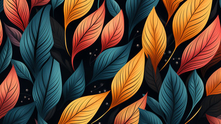 Seamless pattern with colorful leaves on black background. Vector illustration.の素材