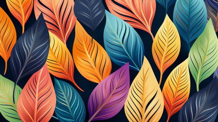 Colorful leaves seamless pattern on dark blue background. Vector illustration.の素材