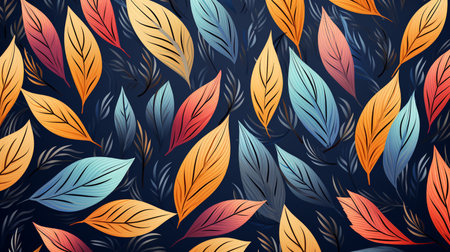 Seamless pattern with colorful leaves on dark background. Vector illustration.の素材