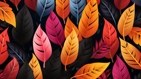 Seamless pattern with colorful tropical leaves on black background. Vector illustration.の素材