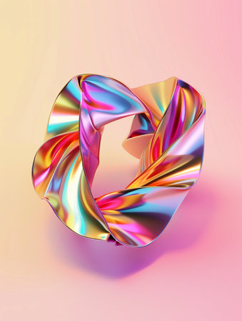 A visually striking abstract representation of a Mobius strip, crafted from a lustrous, iridescent ribbon with vibrant swirling colors on a soft pastel gradient backdrop.の素材