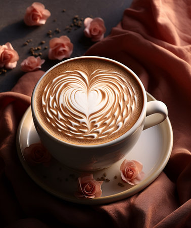 Close-up of a white coffee cup featuring intricate latte art in a heart shape, surrounded by small pink roses and textured fabric.の素材