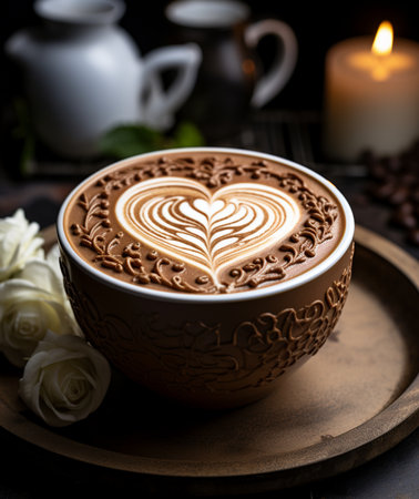 A close-up of an intricately designed coffee cup featuring a heart-shaped latte art, surrounded by delicate white roses, ideal for a romantic setting.の素材