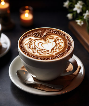 A warm and inviting close-up of a white coffee cup filled with a frothy cappuccino featuring intricate latte art in a heart shape.の素材
