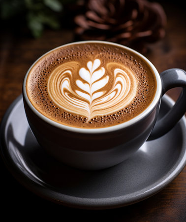 A detailed close-up of a perfectly crafted latte with intricate foam art, served in a modern mug on a rustic wooden surface.の素材