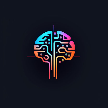 Stylized digital brain graphic with circuit board elements and a vibrant color gradient, set against a dark backdrop.の素材