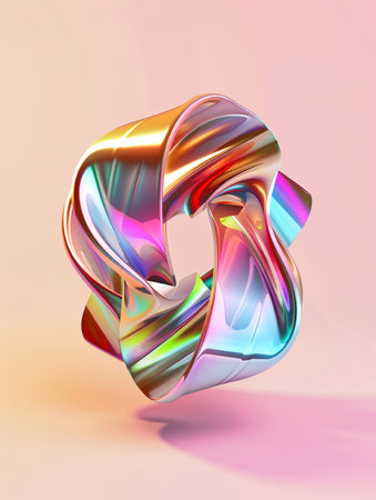 A 3D rendered abstract sculpture with a fluid, iridescent chrome surface, showcasing vibrant colorful reflections against a soft pink backdrop.の素材
