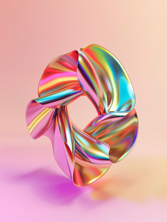 A 3D rendered abstract torus shape with fluid, metallic rainbow reflections against a soft pink and yellow gradient backdrop.の素材