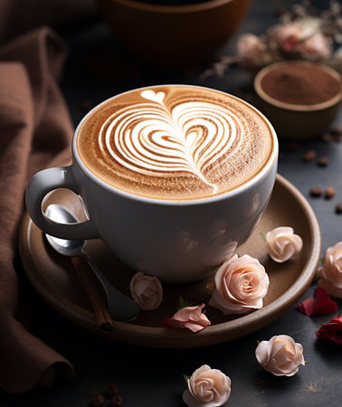 A close-up view of a creamy latte with intricate heart-shaped foam art, served in a white cup on a saucer with delicate pink roses and a cinnamon stick.の素材