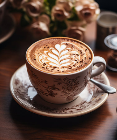 A perfectly crafted cappuccino featuring intricate latte art and a dusting of chocolate sprinkles, presented in a charming vintage mug and saucer set.の素材