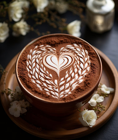 A warm cup of cocoa with a beautiful heart-shaped foam art, garnished with white blossoms on a wooden tray.の素材