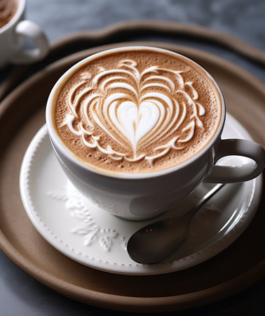 A detailed view of a delicious cappuccino with intricate heart-shaped latte art, presented in a classic white mug and saucer with a spoon.の素材