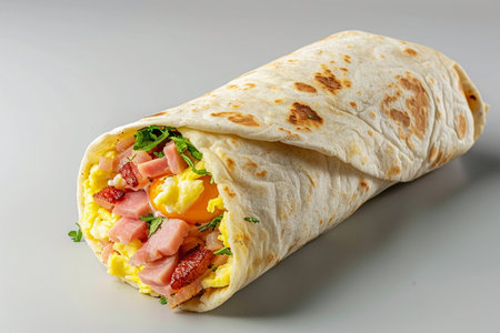 A close-up shot of a hearty breakfast burrito, packed with savory ingredients and perfectly rolled, ideal for food photography.の素材