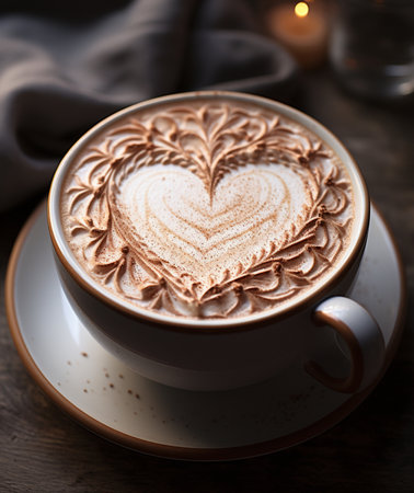 A detailed view of a white coffee cup filled with a latte, showcasing intricate heart-shaped art on the frothy surface with cocoa powder.の素材