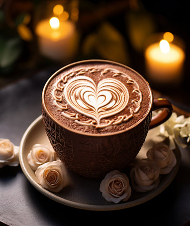 A warm and inviting scene featuring a coffee cup with intricate heart latte art, delicate white roses, and soft candlelight creating a cozy atmosphere.の素材