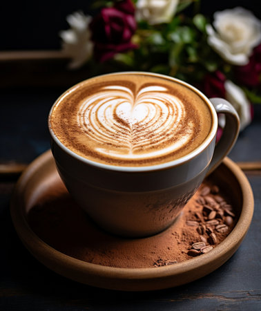 A detailed close-up of a creamy cappuccino featuring intricate heart-shaped latte art, surrounded by roasted coffee beans and cocoa powder on a wooden saucer.の素材