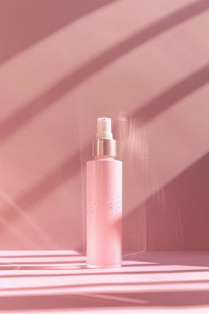 A minimalist studio shot of a pink cosmetic spray bottle with glitter accents, bathed in soft light and shadows.の素材