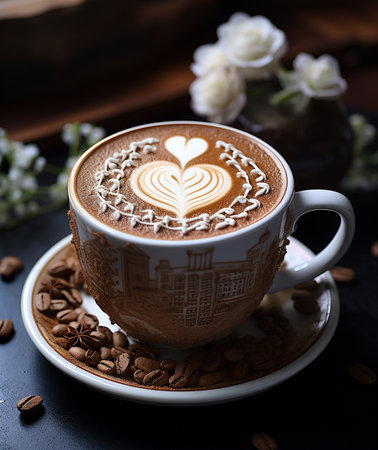A close-up view of a decorative coffee cup with intricate latte art, surrounded by coffee beans and star anise on a saucer.の素材