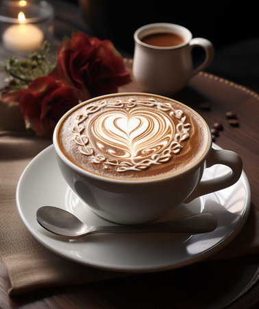 Close-up of a white coffee cup with intricate heart-shaped latte art, served on a saucer with a spoon, set against a romantic backdrop.の素材