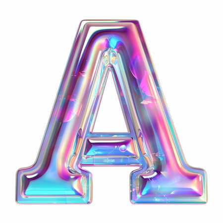 A stunning 3D render of the letter A crafted from iridescent glass, featuring vibrant, shifting colors and light refractions against a clean white background.の素材