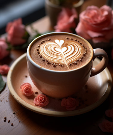 Close-up of a warm coffee cup featuring intricate heart-shaped latte art, adorned with delicate pink roses on a saucer.の素材