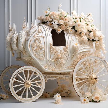 A beautifully crafted white vintage carriage, lavishly decorated with cream roses and elegant gold detailing, perfect for a fairytale setting.の素材