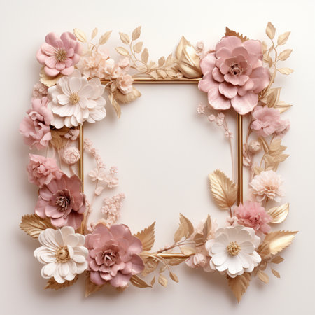 A beautiful square frame decorated with intricate pink and gold floral arrangements and foliage, set against a clean white backdrop.の素材