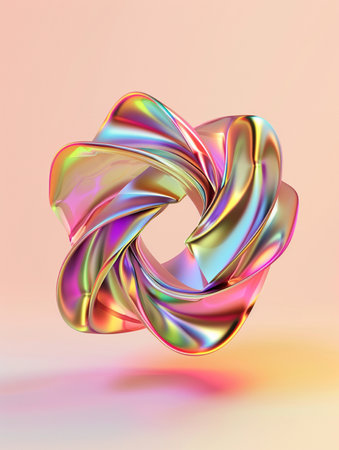 A mesmerizing iridescent abstract shape, twisted into a graceful swirl, floats against a soft pastel gradient background with a gentle reflection.の素材