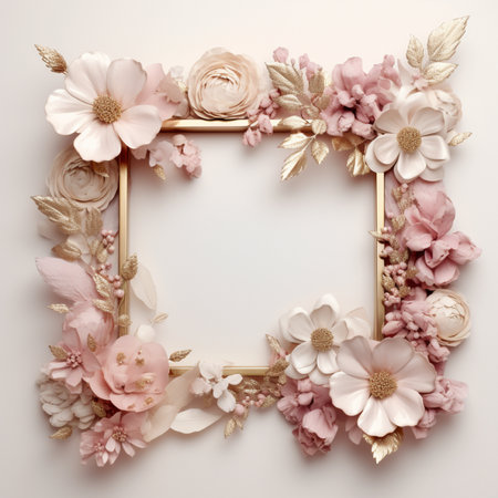 A square golden frame is beautifully decorated with an assortment of pastel pink, cream, and white artificial flowers, accented with shimmering gold foliage.の素材
