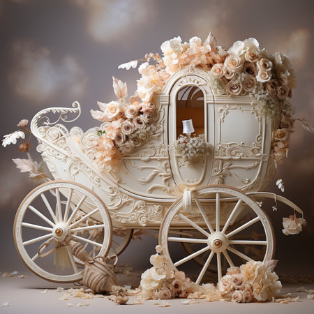 A beautifully ornate white carriage adorned with an abundance of cream and peach roses and floral decorations, evoking a romantic, fairytale-like scene.の素材