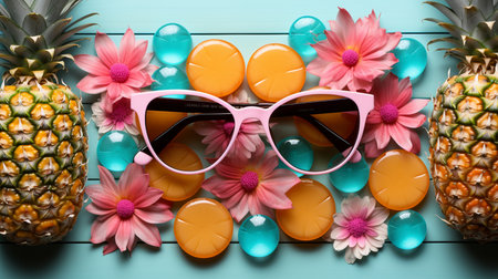 A top-down view of summer holiday accessories including sunglasses, pineapples, vibrant flowers, and decorative spheres arranged on a wooden surface.の素材