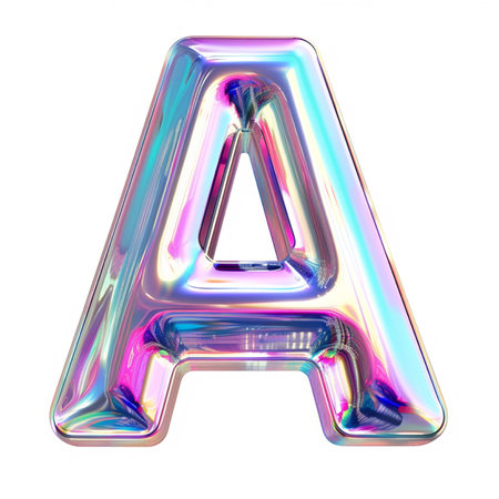 A three-dimensional, glossy holographic letter A with a vibrant, iridescent sheen and a highly reflective surface, isolated on white.の素材