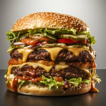 A delicious, stacked double cheeseburger with sesame seed bun, fresh ingredients, and oozing cheese, presented on a dark surface.の素材