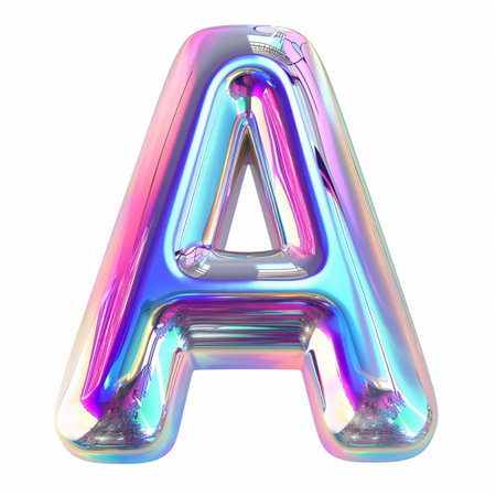 A shiny, metallic letter A balloon with a holographic, iridescent finish and vibrant rainbow color reflections on a white background.の素材
