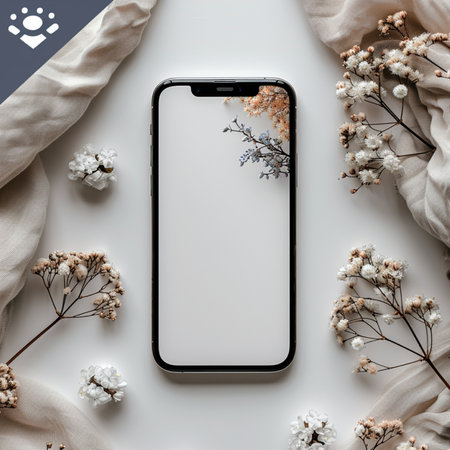 A modern smartphone mockup displays a blank screen, artfully arranged with dried flowers and neutral fabric on a clean white surface.の素材