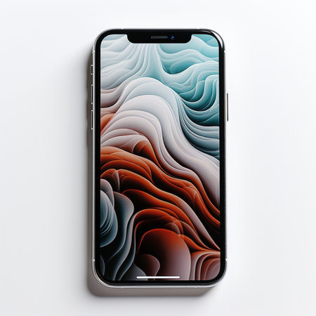 A sleek modern smartphone showcases an abstract, fluid art wallpaper with dynamic red and blue wavy patterns, on a clean white background.の素材