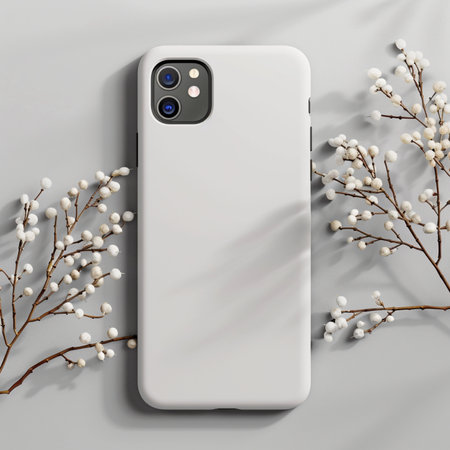 A clean and modern mockup featuring a white iPhone 13 Pro case surrounded by branches with small white berries on a soft gray surface.の素材