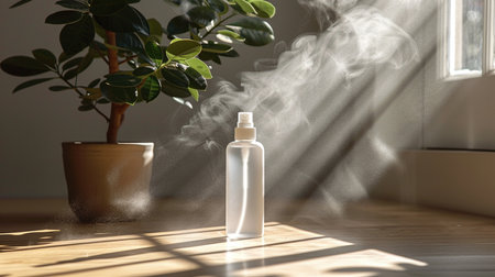 A ficus plant in a pot is misted with water from a clear spray bottle, with sunlight creating shadows on the floor.の素材