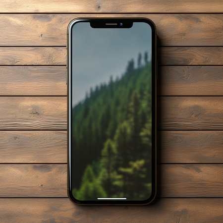 A sleek, modern smartphone mockup sits on a textured wooden table, showcasing a blurred image of a vibrant green forest, viewed from directly above.の素材