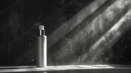 A sleek silver spray bottle with a white cap, illuminated by dramatic diagonal light beams, surrounded by fine mist particles against a dark textured background.の素材