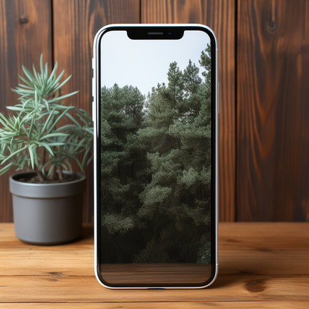 A white smartphone is placed on a wooden surface, showcasing a lush green forest on its screen.の素材