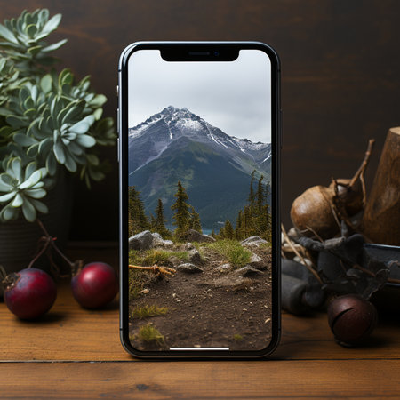 A stunning view of a mountain range with snow, forest, and a rocky path, captured on a phone screen.の素材