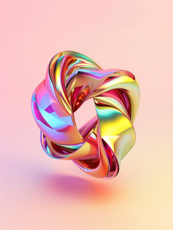 A 3D rendered abstract sculpture with a metallic, iridescent finish, featuring flowing curves and vibrant color shifts against a subtle gradient.の素材