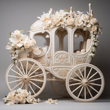 An ornate, vintage white carriage adorned with exquisite cream roses and abundant floral embellishments, exuding a sense of opulence and romance.の素材