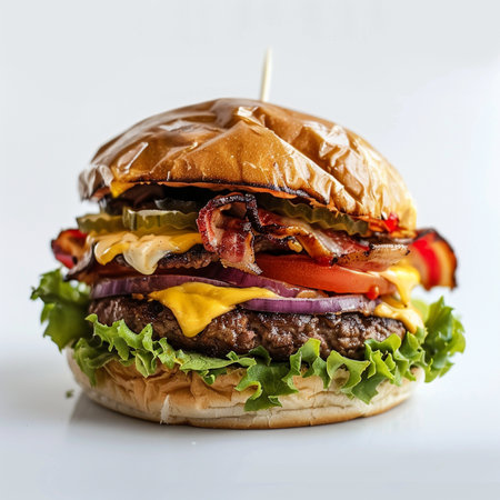 A delicious, towering bacon cheeseburger with all the classic fixings piled high on a toasted bun, presented on a clean white background.の素材